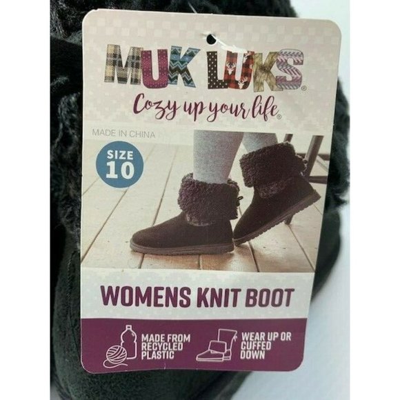 Womens Black MUK LUKS Cable Knit Faux Shearling Fold Over Boots Size 10 - Picture 3 of 6